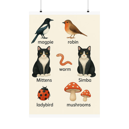 The Forest Adventures of Mittens & Simba Education Poster, Nature Decor, Animal Prints for Kids, Playroom Art, Gift for Animal Lovers